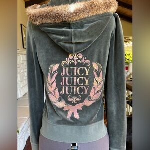 Y2K Juicy Couture mossy grey green velour Zip Front Hoodie
